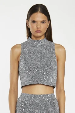 Glamorous Going Out Tops|Go To Partywear|Silver-Sequin Plisse High-Neck Crop-Top -
