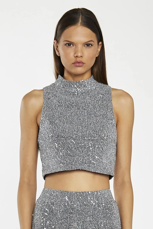 Glamorous Going Out Tops|Go To Partywear|Silver-Sequin Plisse High-Neck Crop-Top -
