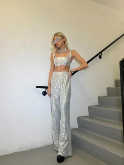 Glamorous Go To Partywear|Co-ords|Silver-Sequin Wide-Leg Trousers -