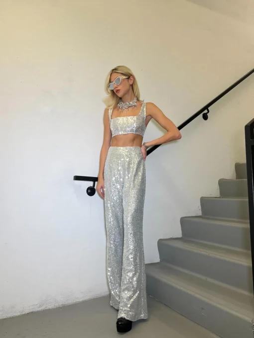 Glamorous Go To Partywear|Co-ords|Silver-Sequin Wide-Leg Trousers -