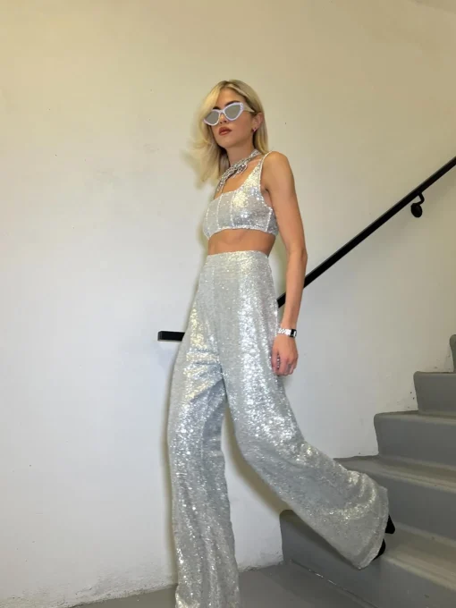 Glamorous Go To Partywear|Co-ords|Silver-Sequin Wide-Leg Trousers -