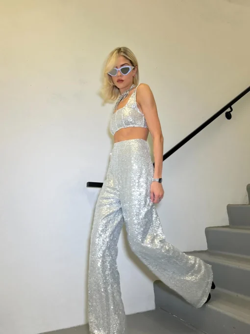 Glamorous Go To Partywear|Co-ords|Silver-Sequin Wide-Leg Trousers -