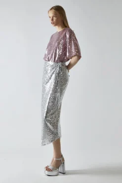 Glamorous Going Out Skirts|Midi & Midaxi Skirts|Silver-Sequin Wrap Midi-Skirt -