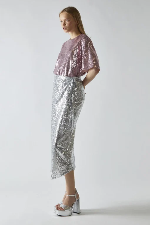 Glamorous Going Out Skirts|Midi & Midaxi Skirts|Silver-Sequin Wrap Midi-Skirt -