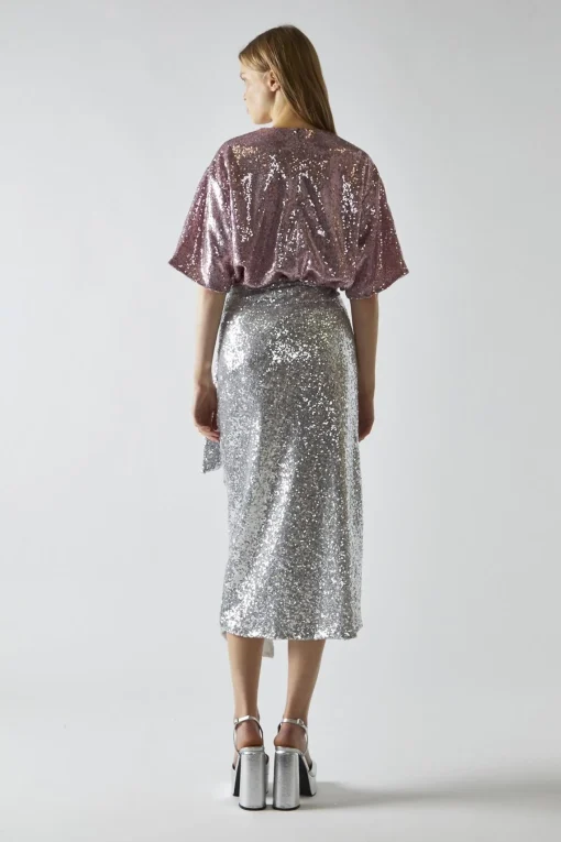 Glamorous Going Out Skirts|Midi & Midaxi Skirts|Silver-Sequin Wrap Midi-Skirt -