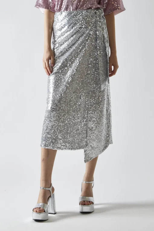 Glamorous Going Out Skirts|Midi & Midaxi Skirts|Silver-Sequin Wrap Midi-Skirt -