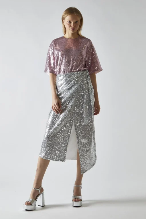 Glamorous Going Out Skirts|Midi & Midaxi Skirts|Silver-Sequin Wrap Midi-Skirt -