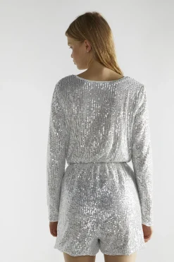 Glamorous Playsuits|Silver-Sequin-Sequin Wrap-Front Long Sleeve Playsuit -