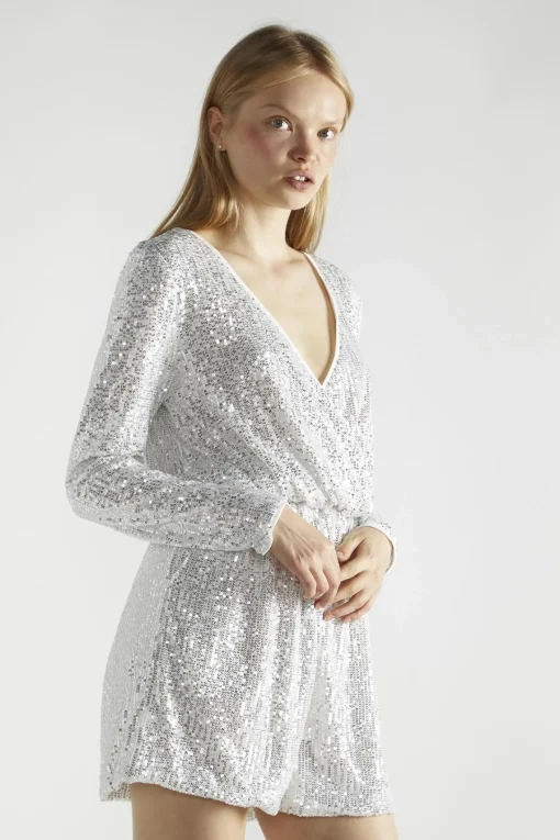 Glamorous Playsuits|Silver-Sequin-Sequin Wrap-Front Long Sleeve Playsuit -
