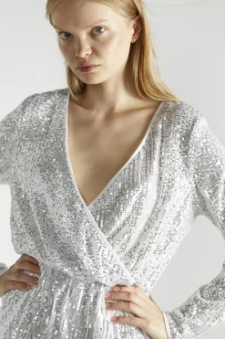 Glamorous Playsuits|Silver-Sequin-Sequin Wrap-Front Long Sleeve Playsuit -