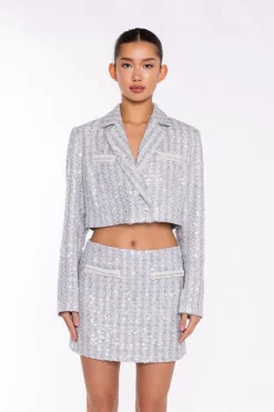 Glamorous Co-ords|Blazers|Silver-Tweed Double-Breasted Crop-Blazer -