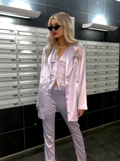 Glamorous Go To Partywear|Blazers|Soft-Lilac Satin Double-Breasted Tailored Blazer -