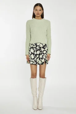 Glamorous Mini Skirts|Soft-Lime Black-Floral Notch-Split Mini-Skirt -