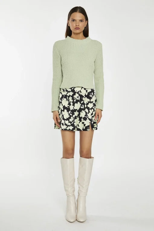 Glamorous Mini Skirts|Soft-Lime Black-Floral Notch-Split Mini-Skirt -