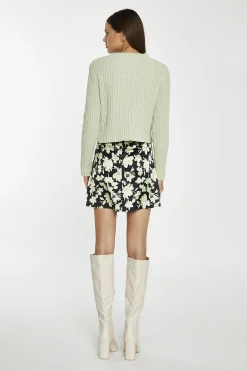 Glamorous Mini Skirts|Soft-Lime Black-Floral Notch-Split Mini-Skirt -