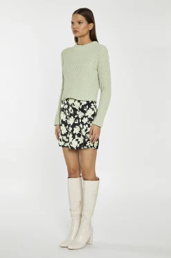 Glamorous Mini Skirts|Soft-Lime Black-Floral Notch-Split Mini-Skirt -
