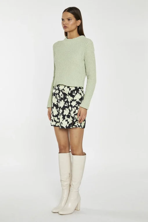 Glamorous Mini Skirts|Soft-Lime Black-Floral Notch-Split Mini-Skirt -