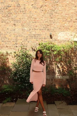 Glamorous Bottoms|Co-ords|Soft-Terracotta High-Waisted-Split-Leg Maxi-Skirt -