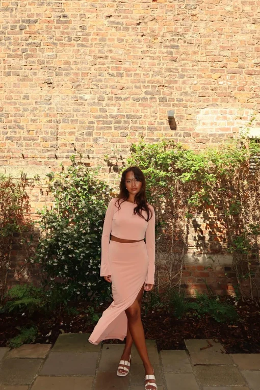 Glamorous Bottoms|Co-ords|Soft-Terracotta High-Waisted-Split-Leg Maxi-Skirt -