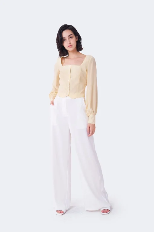 Glamorous Blouses & Shirts|Soft-Yellow Square-Neck-Button-Front Tops -