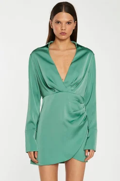 Glamorous Workwear|Party Dresses|Spruce-Green Satin Collared Wrap Mini-Dress -