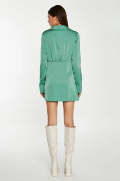 Glamorous Workwear|Party Dresses|Spruce-Green Satin Collared Wrap Mini-Dress -