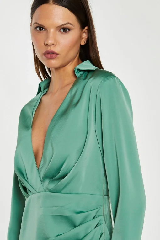 Glamorous Workwear|Party Dresses|Spruce-Green Satin Collared Wrap Mini-Dress -