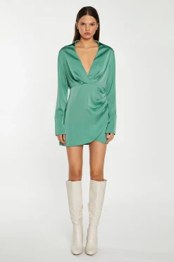 Glamorous Workwear|Party Dresses|Spruce-Green Satin Collared Wrap Mini-Dress -