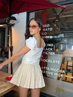 Glamorous Workwear|Chic Escapes|Stone Mid-Rise Pleated Mini-skirt -