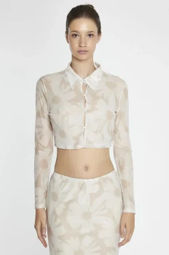 Glamorous Going Out Tops|Crops, Corsets & Bodysuits|Stone-Sunflower Mesh Shirt Crop-Top -
