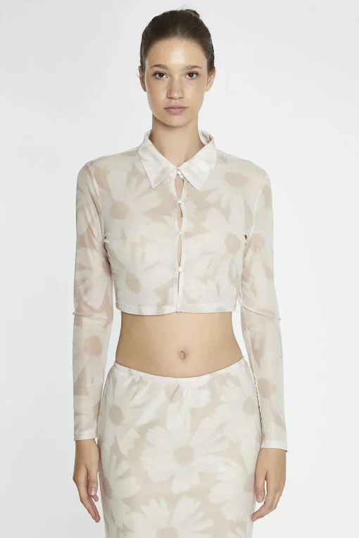 Glamorous Going Out Tops|Crops, Corsets & Bodysuits|Stone-Sunflower Mesh Shirt Crop-Top -
