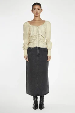 Glamorous Blouses & Shirts|Crops, Corsets & Bodysuits|Straw-Gold Stripe Gathered-Front Top -