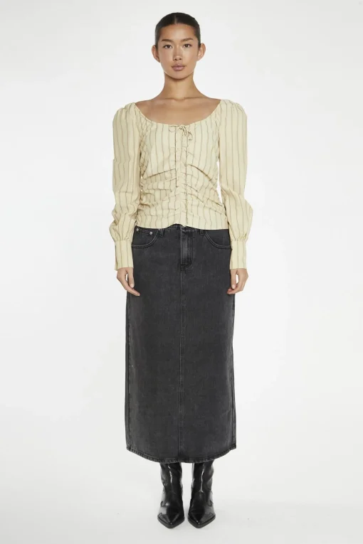 Glamorous Blouses & Shirts|Crops, Corsets & Bodysuits|Straw-Gold Stripe Gathered-Front Top -