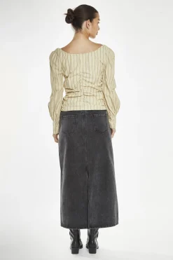 Glamorous Blouses & Shirts|Crops, Corsets & Bodysuits|Straw-Gold Stripe Gathered-Front Top -