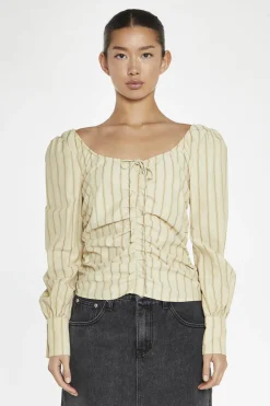 Glamorous Blouses & Shirts|Crops, Corsets & Bodysuits|Straw-Gold Stripe Gathered-Front Top -