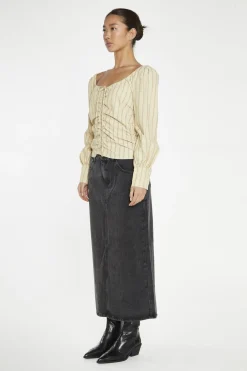 Glamorous Blouses & Shirts|Crops, Corsets & Bodysuits|Straw-Gold Stripe Gathered-Front Top -