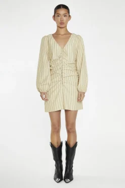 Glamorous Day Dresses|Mini Dresses|Straw-Gold Stripe Gathered Front Mini-Dress -
