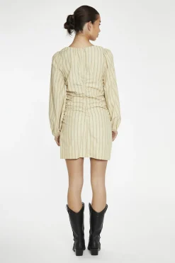 Glamorous Day Dresses|Mini Dresses|Straw-Gold Stripe Gathered Front Mini-Dress -