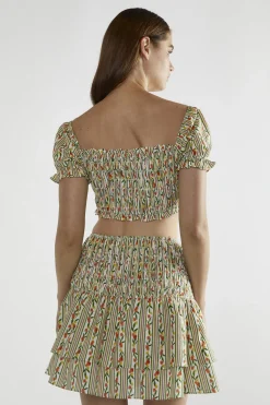 Glamorous Crops, Corsets & Bodysuits|Stripe-Ditsy Linen Scoop-Neck Crop-Top -