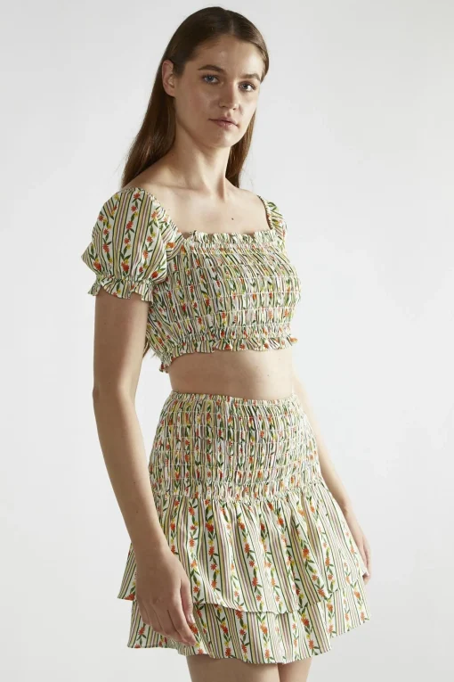 Glamorous Crops, Corsets & Bodysuits|Stripe-Ditsy Linen Scoop-Neck Crop-Top -