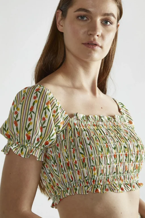 Glamorous Crops, Corsets & Bodysuits|Stripe-Ditsy Linen Scoop-Neck Crop-Top -