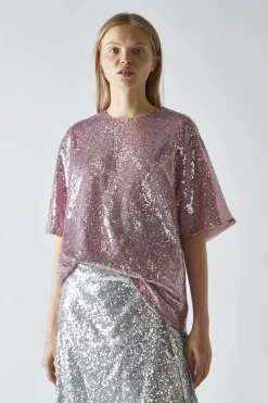 Glamorous Going Out Tops|Sugar Pink Sequin Oversized T-Shirt -