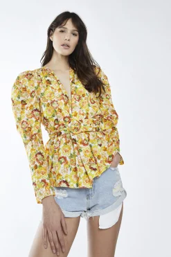 Glamorous Blouses & Shirts|Sunflower Floral Belted Top -