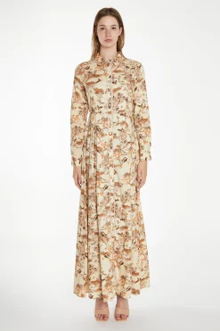 Glamorous Best Dressed Guest|Maxi Dresses|Tan Multi Blossom Long-Sleeve Maxi Shirt-Dress -