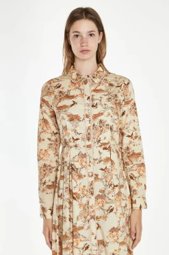 Glamorous Best Dressed Guest|Maxi Dresses|Tan Multi Blossom Long-Sleeve Maxi Shirt-Dress -