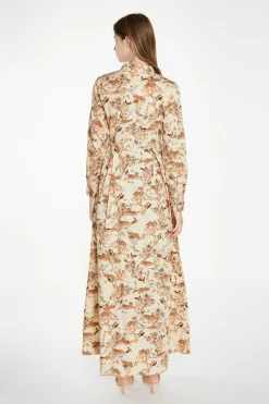 Glamorous Best Dressed Guest|Maxi Dresses|Tan Multi Blossom Long-Sleeve Maxi Shirt-Dress -