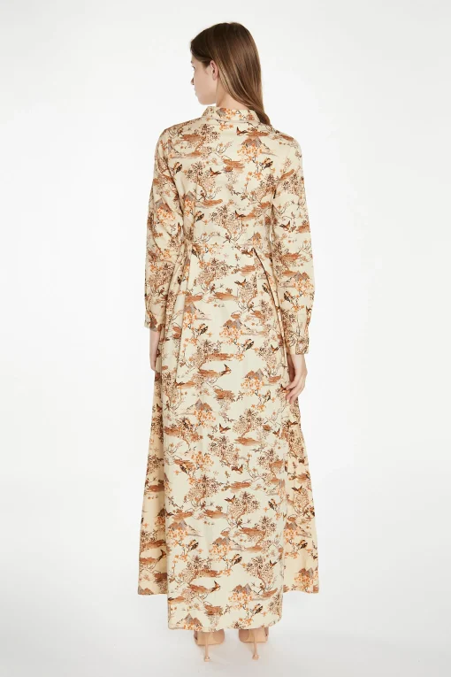 Glamorous Best Dressed Guest|Maxi Dresses|Tan Multi Blossom Long-Sleeve Maxi Shirt-Dress -