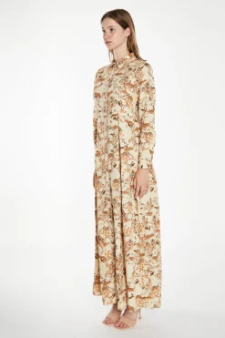 Glamorous Best Dressed Guest|Maxi Dresses|Tan Multi Blossom Long-Sleeve Maxi Shirt-Dress -