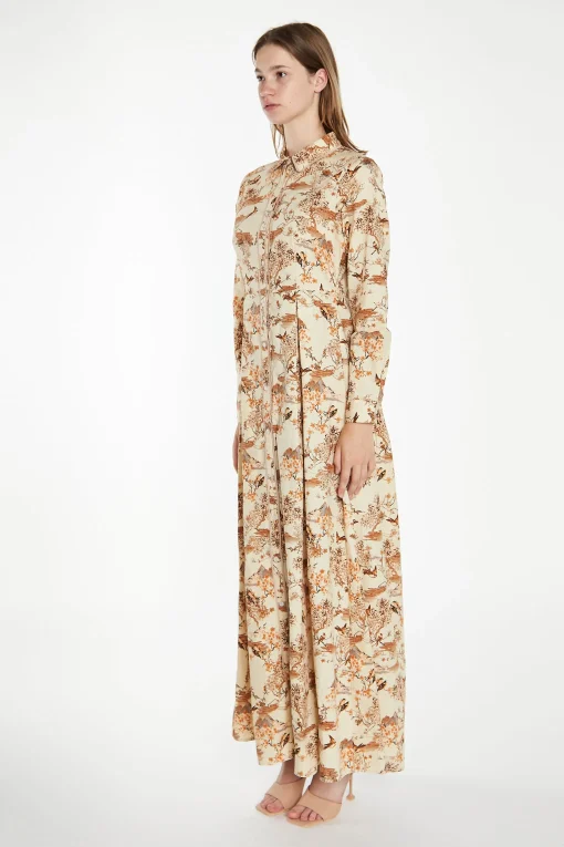Glamorous Best Dressed Guest|Maxi Dresses|Tan Multi Blossom Long-Sleeve Maxi Shirt-Dress -