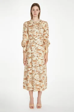 Glamorous Best Dressed Guest|Maxi Dresses|Tan Multi Blossom Long-Sleeve Belted Maxi-Dress -